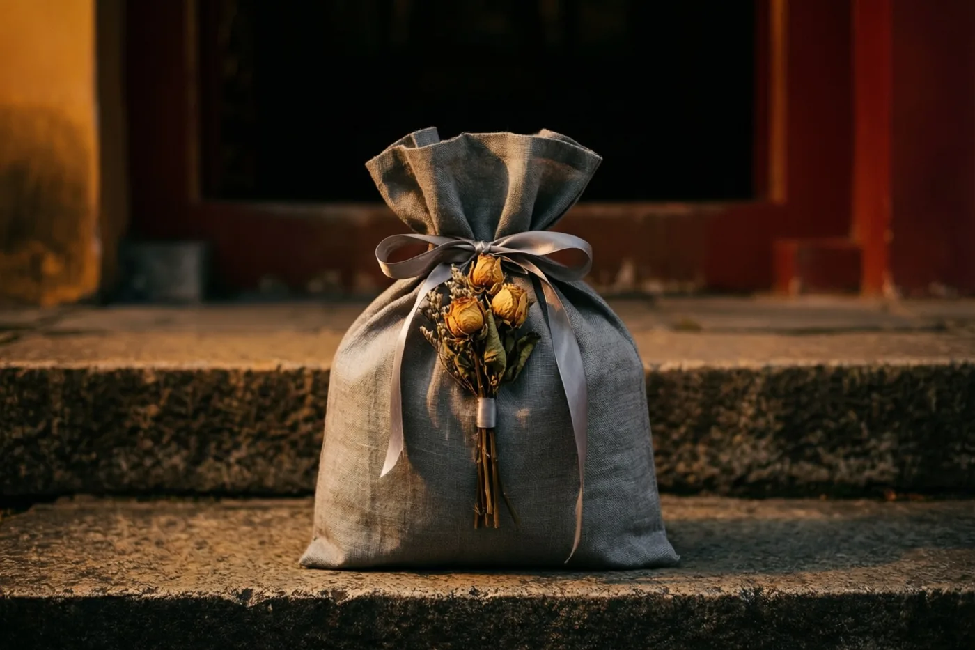 Een grijs linnen geschenkzakje met droogbloemen tussen een zilverkleurig lint staat op een stenen trede in warm goudkleurig licht, met een donkerrode deuropening op de achtergrond.