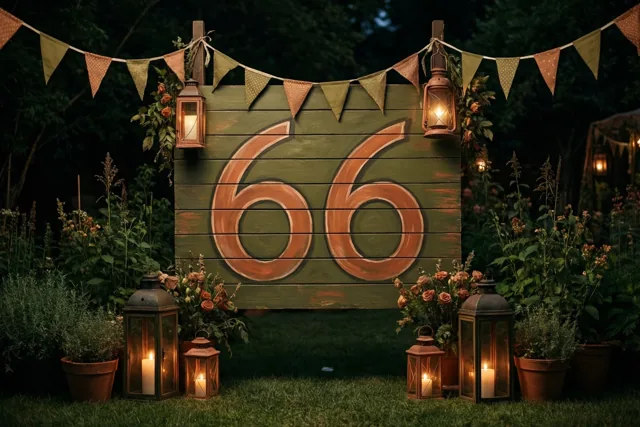 Een groot houten bord met het geschilderde getal 66 staat 's nachts in een tuin tussen brandende lantaarns en vlaggetjes, in warme oranje en groene tinten.