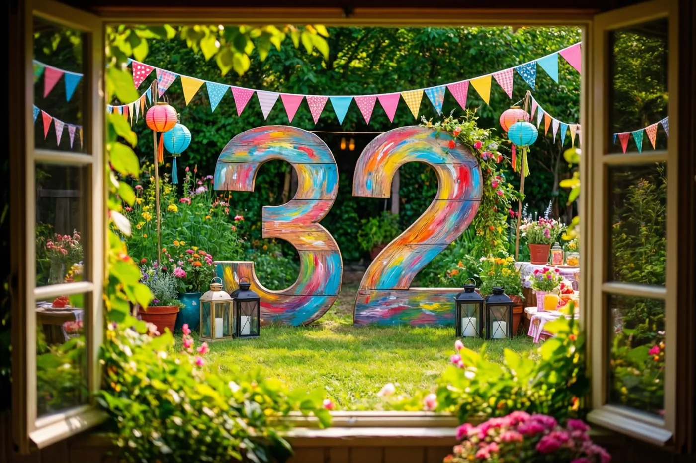 Door een open raam zijn grote geschilderde houten cijfers 32 te zien in een zonnige tuin met gras, bloemen, kleurrijke vlaggetjes en lantaarns.