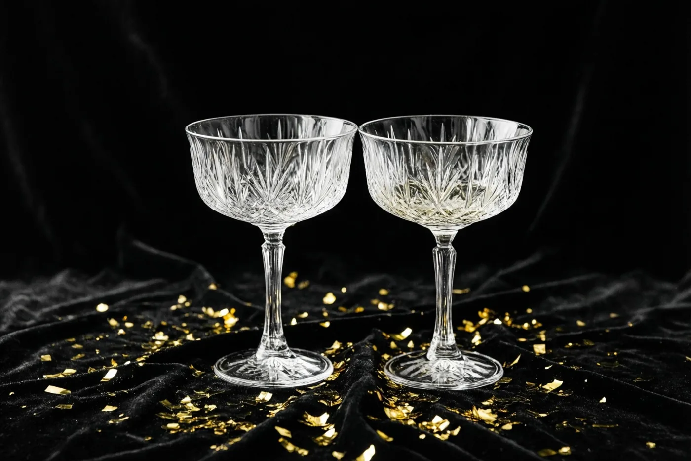 Twee kristallen champagneglazen met geslepen patronen staan naast elkaar op zwart fluweel, met gouden confetti eromheen.
