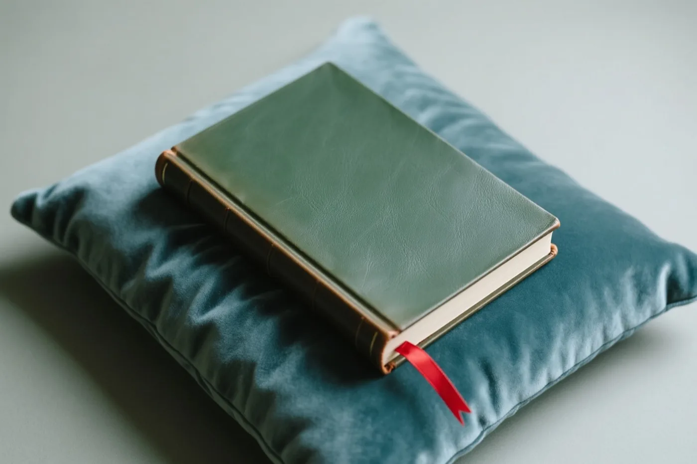Een groot gesloten boek met leren kaft en een rood lint ligt op een blauwfluwelen kussen in zacht licht.