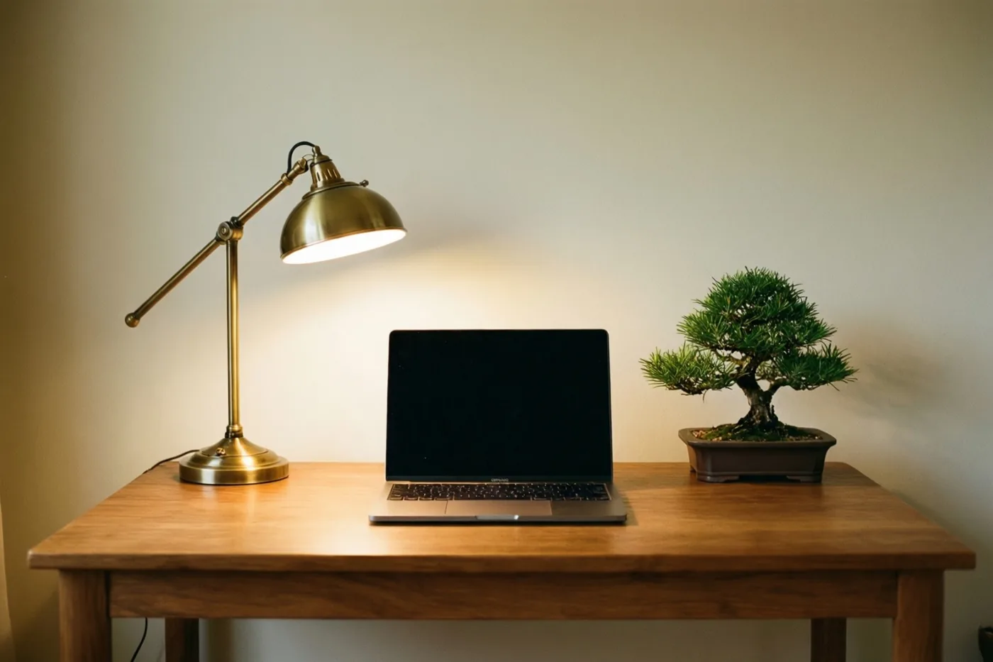 Een brandende messing bureaulamp, een gesloten laptop en een kleine bonsai staan op een houten bureau tegen een effen muur, in warm en zacht licht.