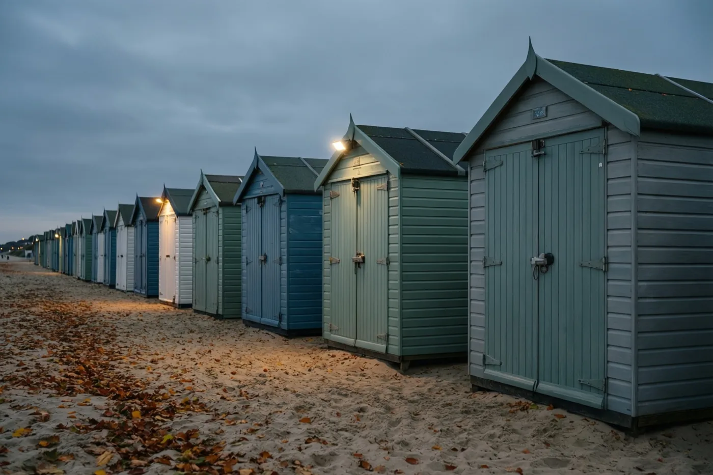 Een rij gesloten strandhuisjes staat op een verlaten zandstrand met verspreide herfstbladeren onder een grijze, bewolkte hemel.