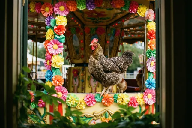 Een kip op de feestwagen
