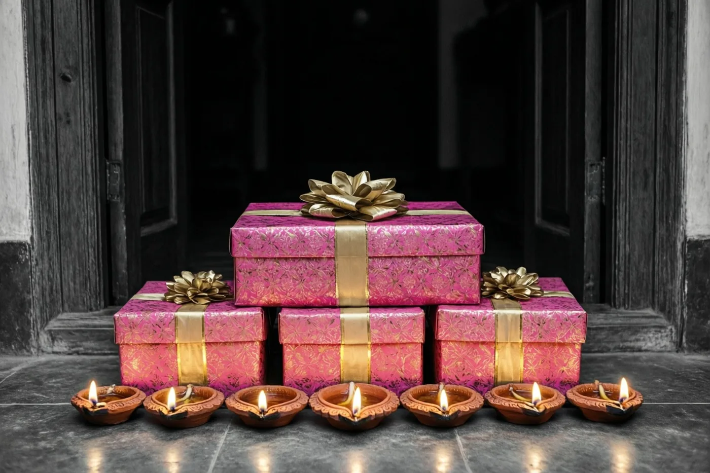 Een stapel roze en gouden cadeaudozen met strikken staat op een drempel naast brandende lampjes van klei, voor een donkere deuropening met een monochrome achtergrond.
