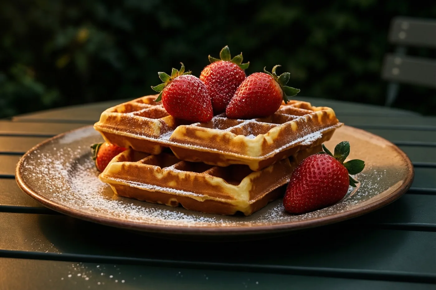 Een stapel goudbruine wafels met bloemsuiker en verse aardbeien ligt op een rustiek bord op een tuintafel, met een onscherpe groene achtergrond.