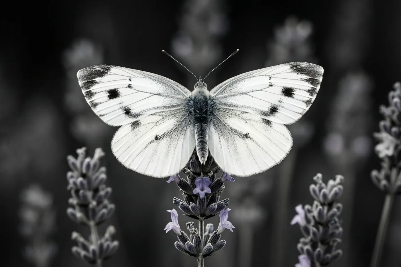 Een witte vlinder met zwarte stippen rust op lavendel tegen een donkere, onscherpe achtergrond in bijna monochrome tinten.