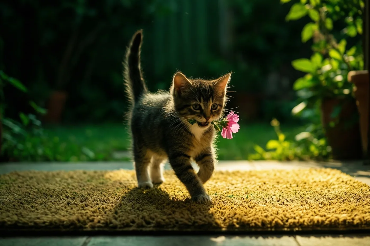 Een klein gestreept katje trippelt over een deurmat met een roze bloem in de bek, met groen op de achtergrond in warm zonlicht.
