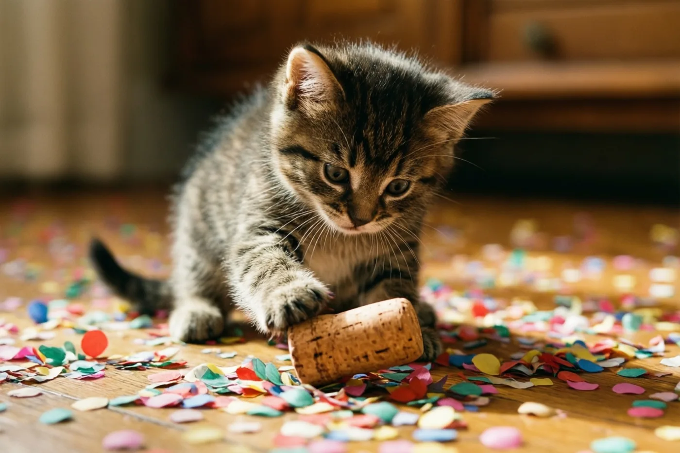 Een klein gestreept katje tikt tegen een champagnekurk op een houten vloer met kleurrijke confetti, in warm licht met een onscherpe achtergrond.
