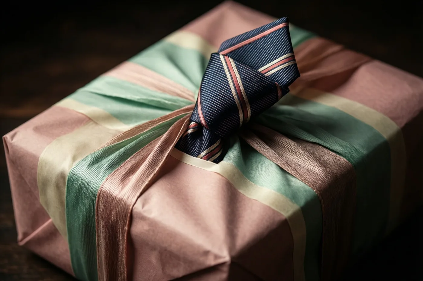 Uit een cadeau in roze-groen gestreept papier steekt een blauw gestreepte das, tegen een donkere houten achtergrond.
