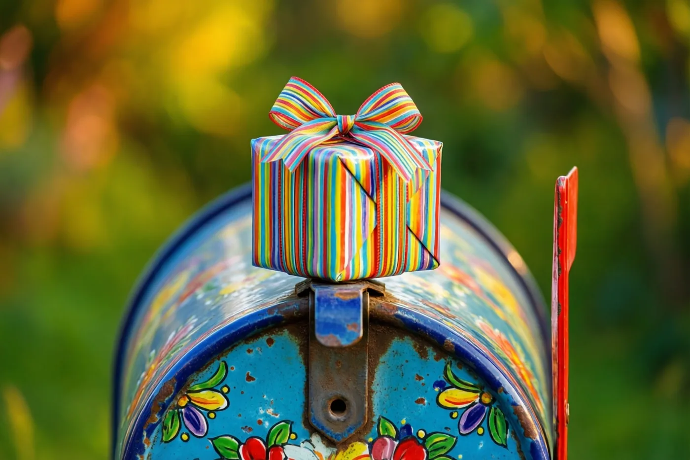 Een klein felgestreept geschenkdoosje met een bijpassende strik staat op een oude blauwe geëmailleerde brievenbus met bloemenpatronen tegen een onscherpe groen-gele achtergrond.