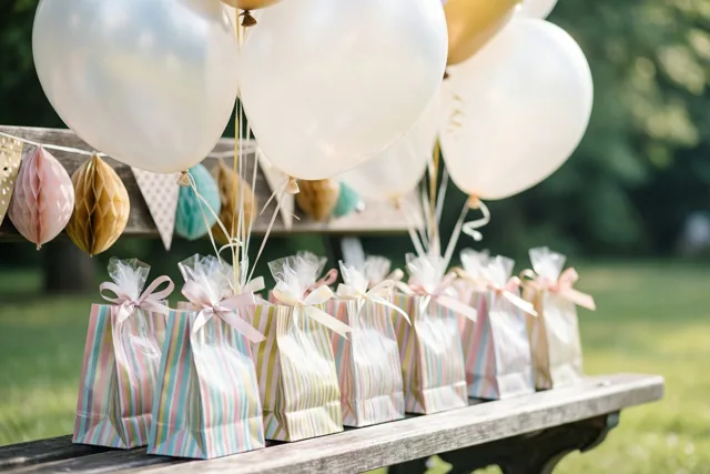 Kleurrijk gestreepte cadeautasjes met linten staan op een houten bank onder witte en gouden ballonnen en papieren slingers in een zonnige tuin.