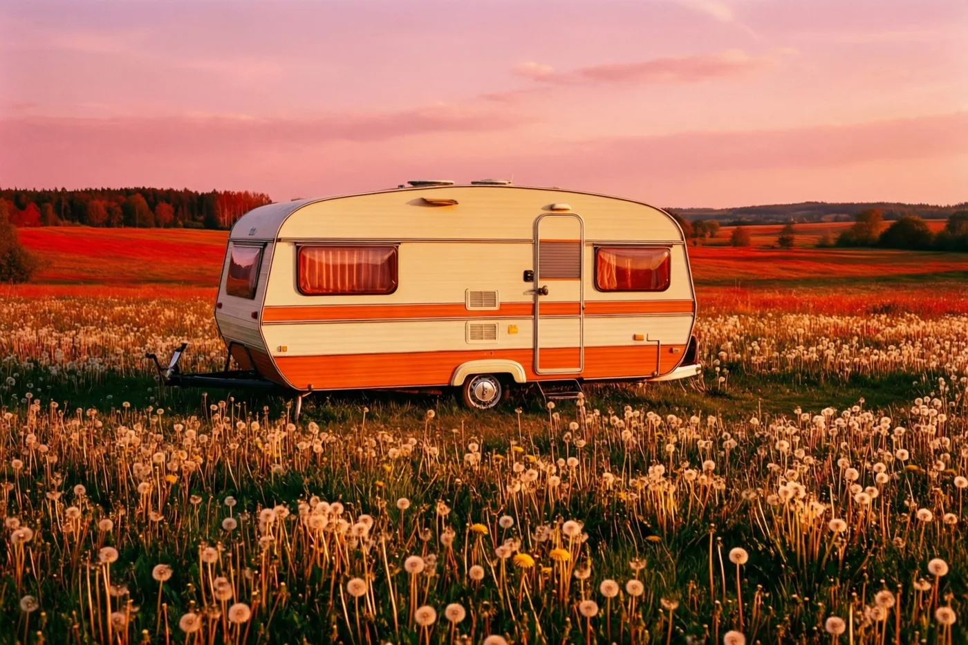 Een caravan uit de jaren zeventig met crèmekleurige en oranje strepen staat in een veld met paardenbloemen bij zonsondergang onder een zachtroze en oranje hemel.