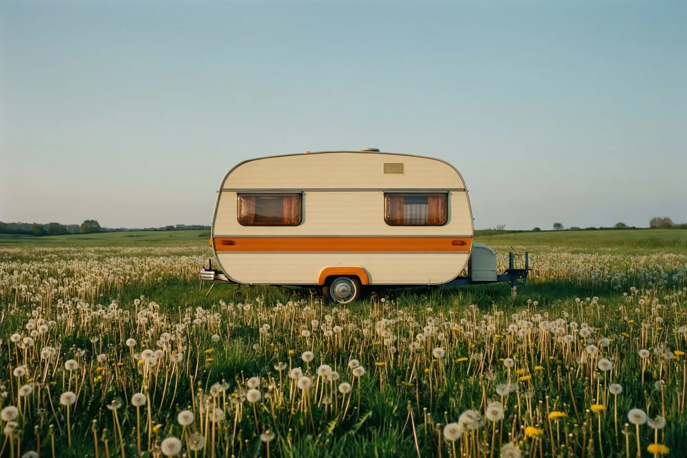 Een caravan uit de jaren zeventig met crèmekleurige en oranje strepen staat in een veld met paardenbloemen onder een heldere hemel.