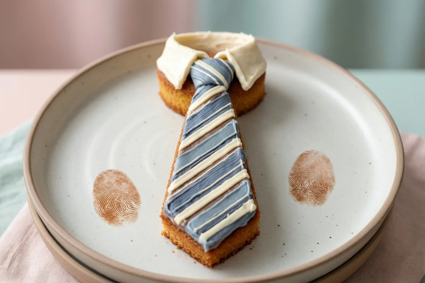 Een taart in de vorm van een blauw-wit gestreepte das ligt op een keramisch bord, met twee bruine vingerafdrukken in het glazuur en een roze-blauwe achtergrond.