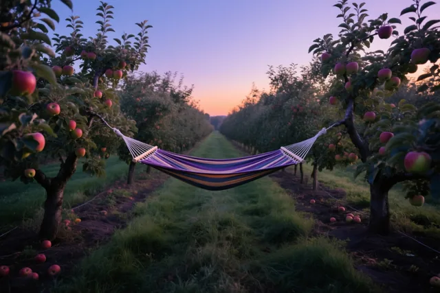 Een gestreepte hangmat hangt tussen twee appelbomen in een boomgaard onder een schemerlucht met paarse en oranje tinten.
