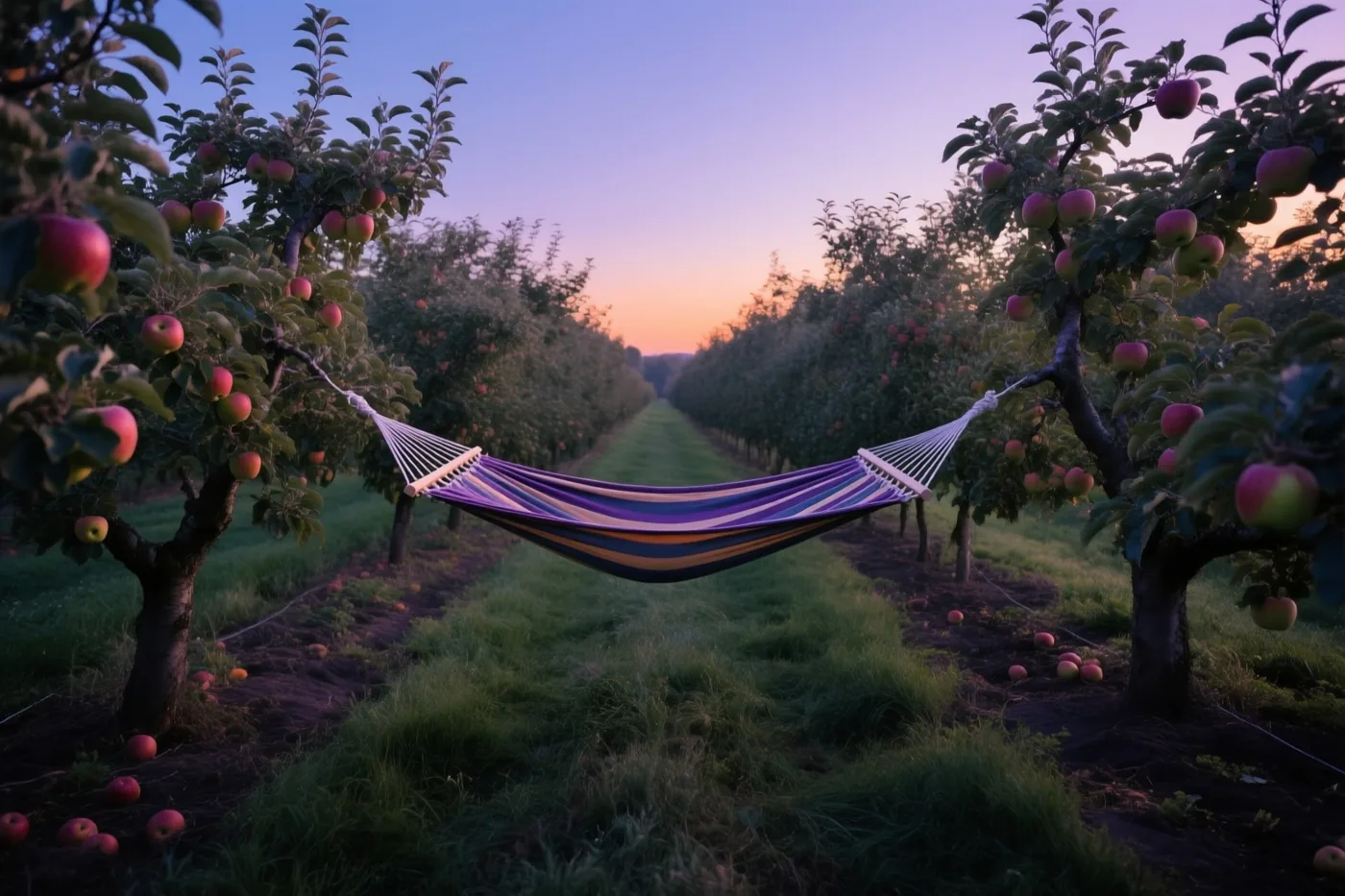 Een gestreepte hangmat hangt tussen twee appelbomen in een boomgaard onder een schemerlucht met paarse en oranje tinten.