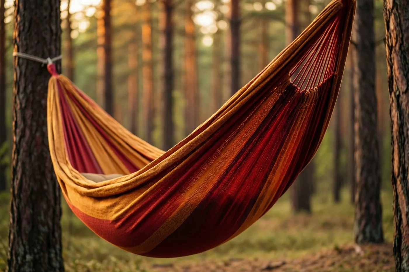 Een rood-oranje gestreepte hangmat hangt tussen twee dennen in een bos met warm goudkleurig licht.