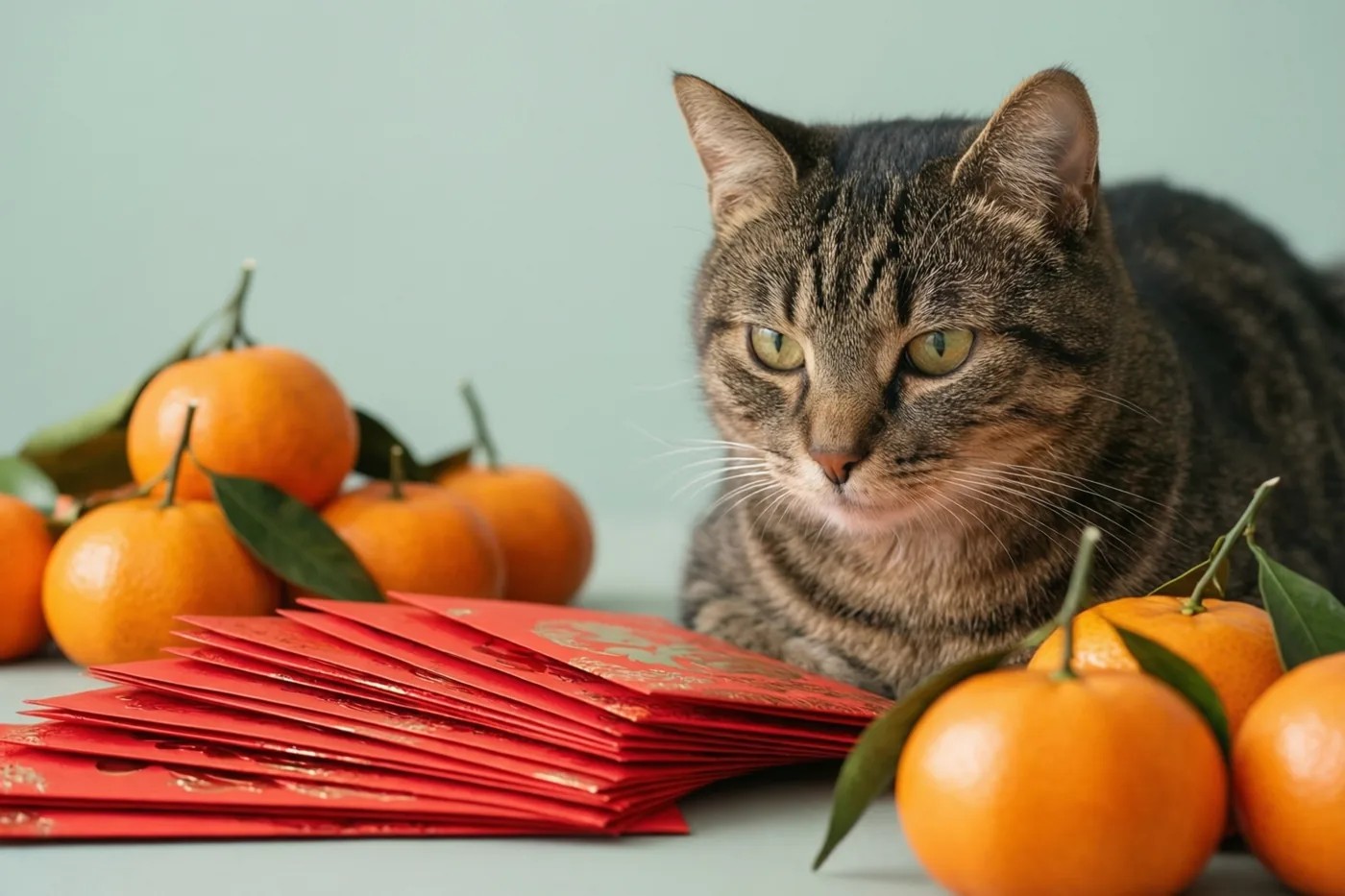 Een gestreepte kat zit naast een stapel rode enveloppen en mandarijnen op een lichtblauwe ondergrond.