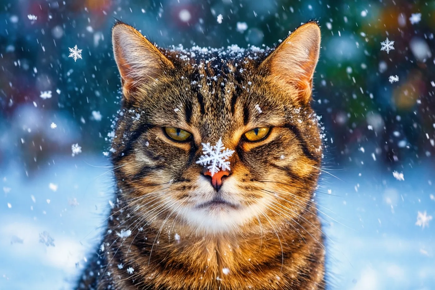 Een gestreepte kat met een sneeuwvlok op haar neus kijkt schijnbaar verontwaardigd in de camera, met vallende sneeuw tegen een wazige blauwgroene achtergrond.