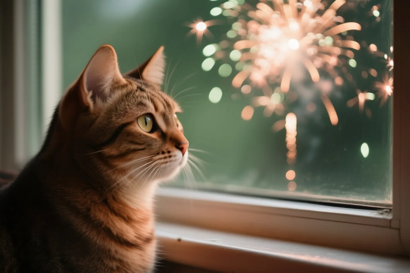 Een gestreepte kat zit op een vensterbank en kijkt naar kleurrijk vuurwerk aan de nachtelijke hemel, in warm goudkleurig en groen licht.