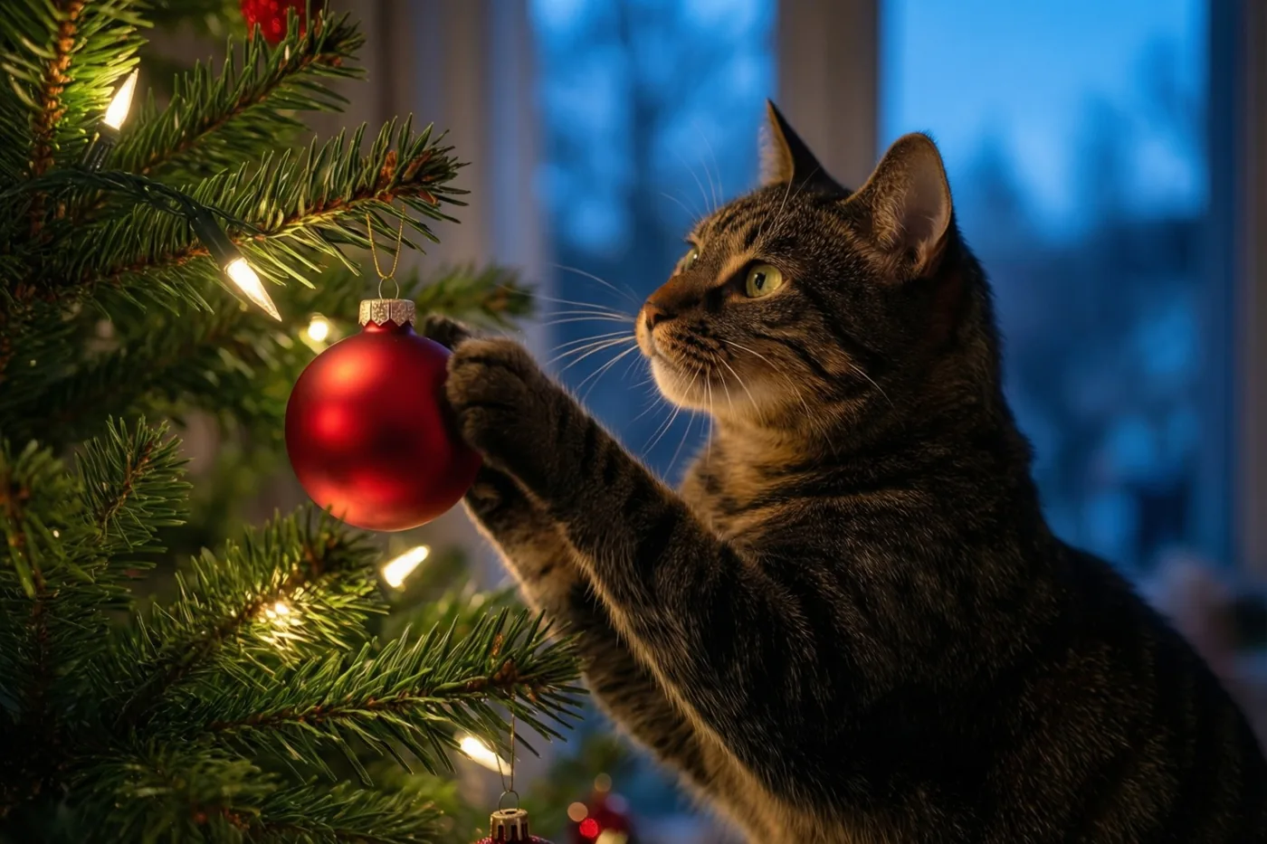Een gestreepte kat reikt naar een rode kerstbal aan de onderste tak van een versierde boom, met warme lichtjes en een koelblauw raam op de achtergrond.