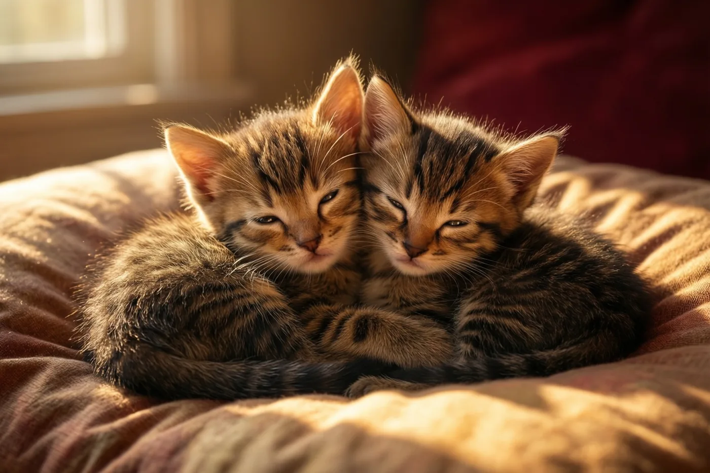 Twee gestreepte kittens liggen tegen elkaar gekruld op een kussen met textuur in het warme gouden ochtendlicht dat door een raam valt.