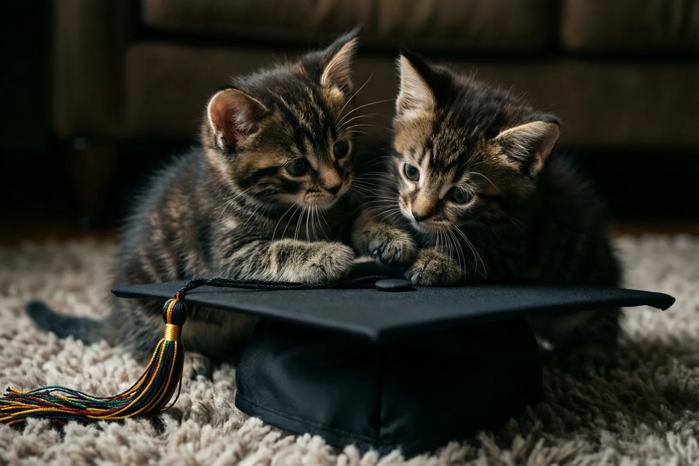 Twee gestreepte katjes spelen met het kwastje van een zwarte afstudeerhoed op een zacht beige tapijt, met een wazige bruine zetel op de achtergrond in warm licht.