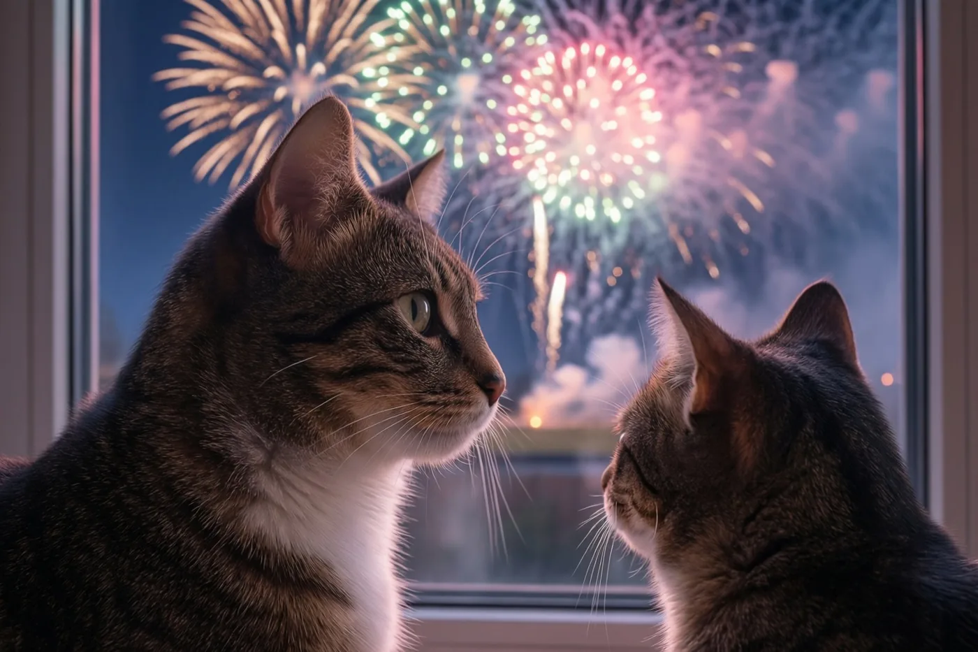 Twee gestreepte katten zitten naast elkaar en kijken door een raam naar kleurrijk vuurwerk aan de nachthemel.
