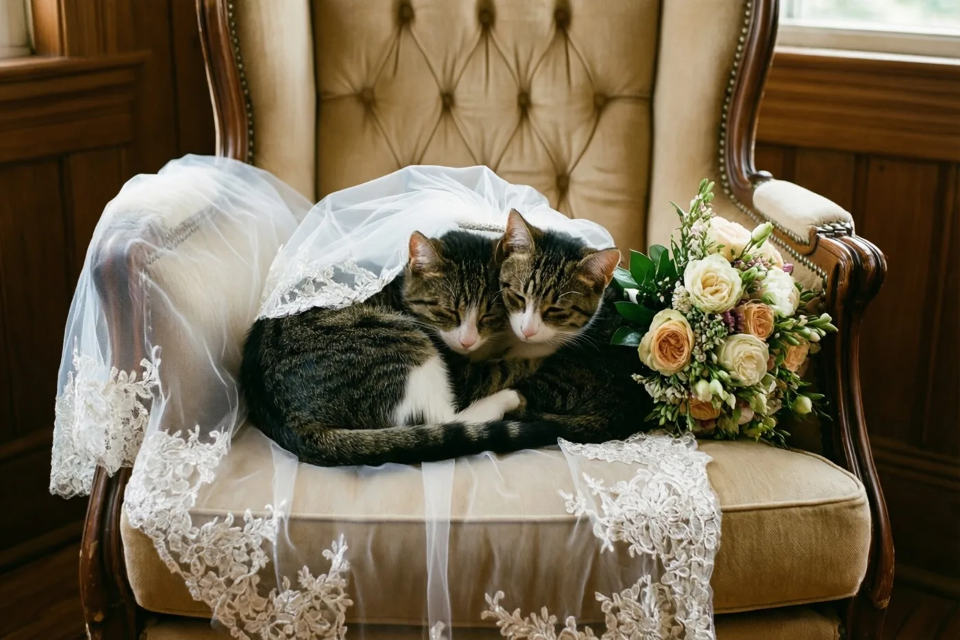 Twee gestreepte katten liggen samen opgerold op een kanten bruidssluier over een gecapitonneerde fauteuil, met houten wandpanelen en een boeket naast de stoel.