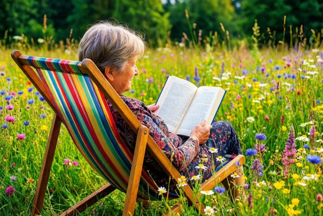 Pensioen met een boek buiten