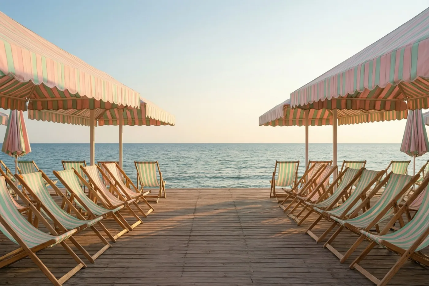 Rijen gestreepte ligstoelen onder bijpassende zonneschermen staan op een houten promenade aan een rustige blauwe zee, onder een heldere hemel in goudkleurig zonlicht.