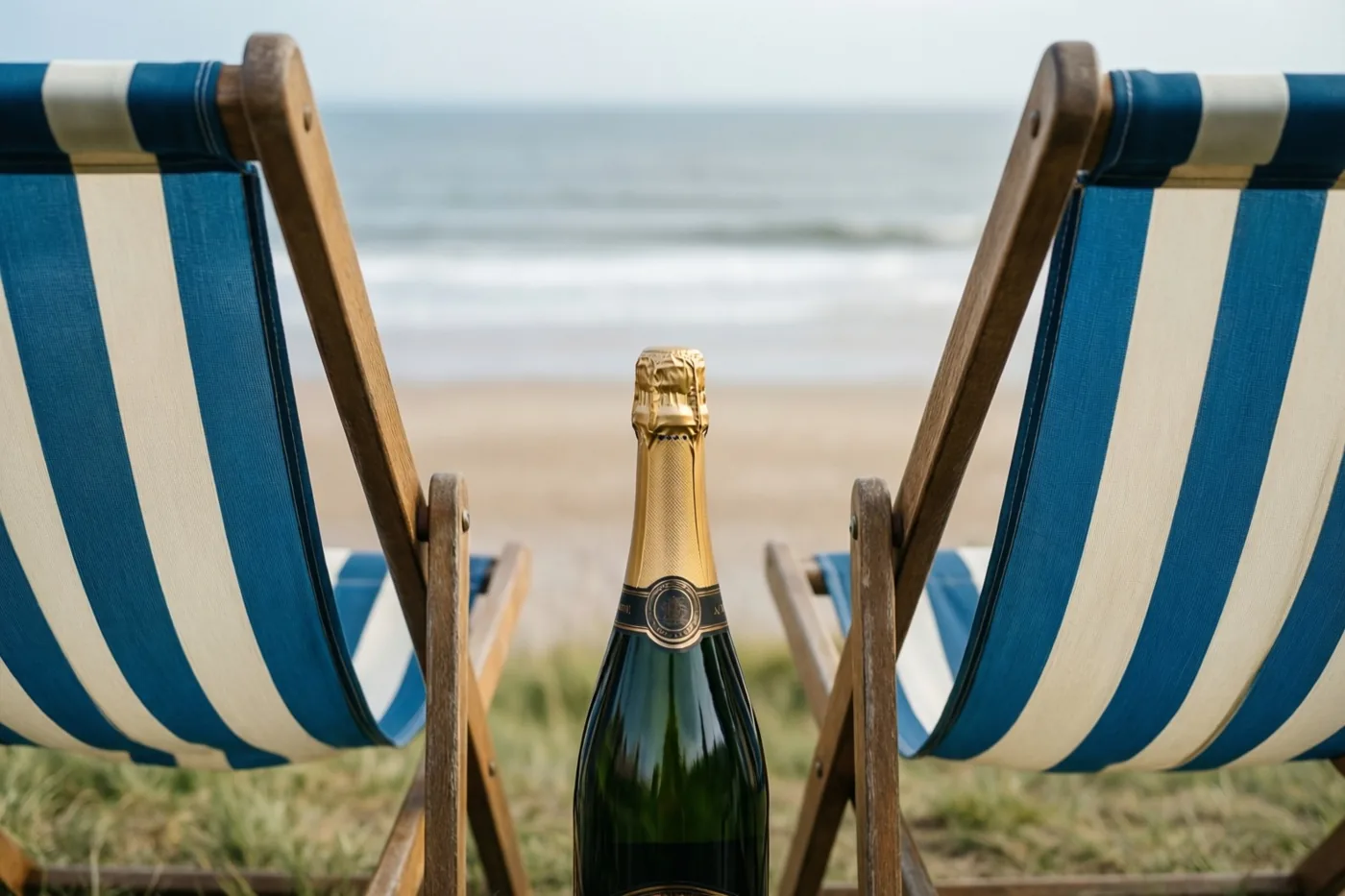 Twee blauw-wit gestreepte ligstoelen staan naar de zee gericht op een strand met gras, met een fles champagne ertussen.