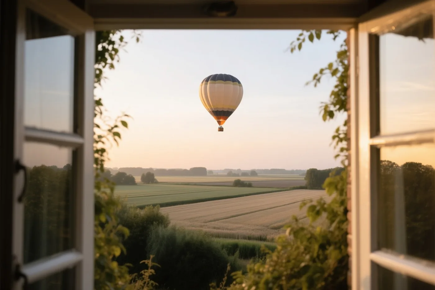Door een open raam met groen eromheen is een blauw-wit-geel gestreepte luchtballon te zien boven goudkleurige en groene velden onder een roze-oranje avondhemel.