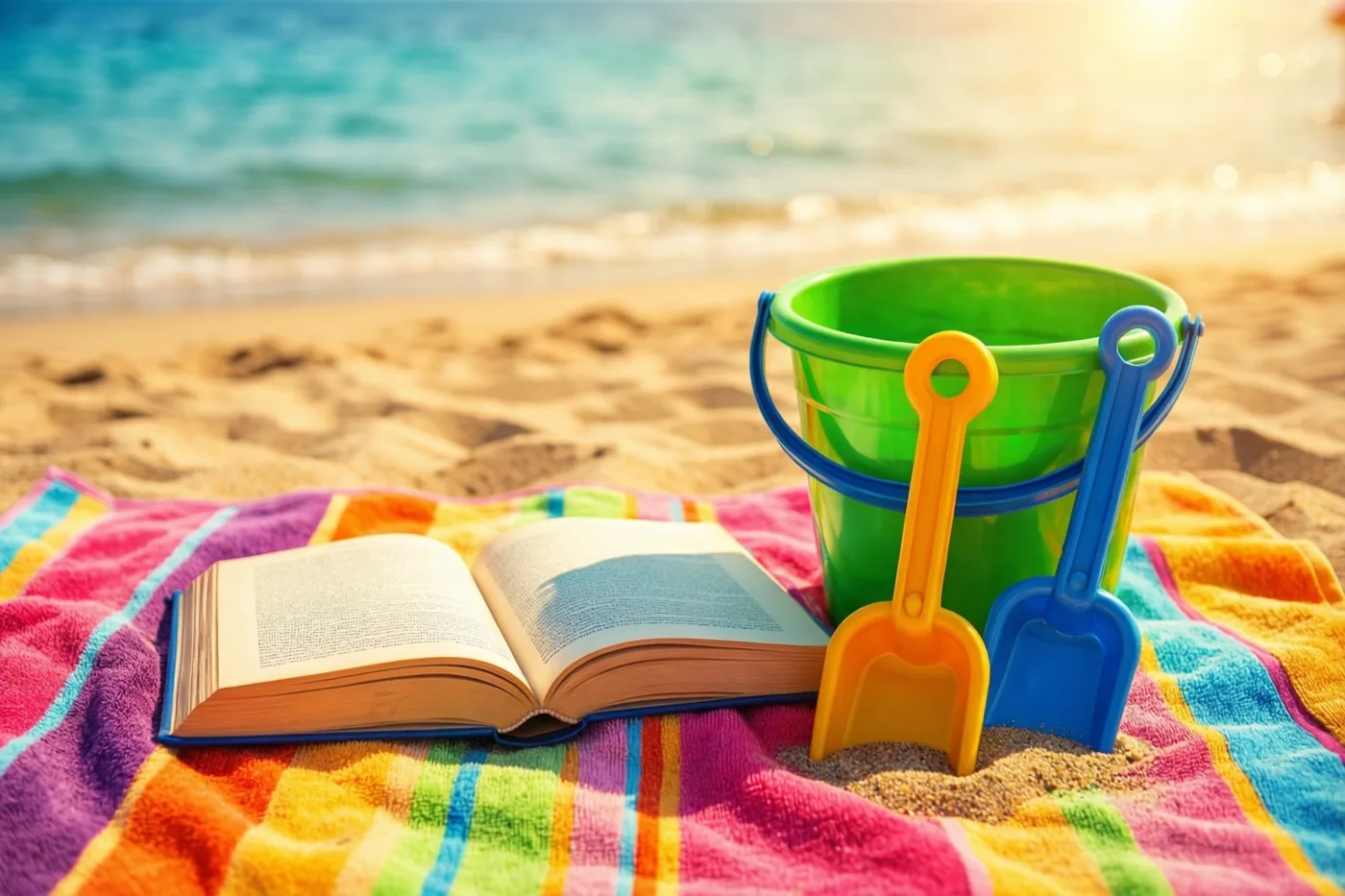 Een open boek, een groene emmer en twee plastic schepjes liggen op een kleurrijk gestreepte strandhanddoek, met onscherp turquoise zeewater in de zon erachter.