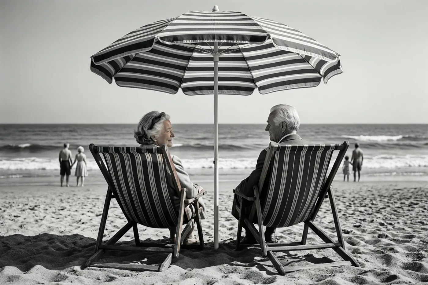 Een ouder koppel zit op gestreepte ligstoelen onder een gestreepte parasol op een zandstrand, met het gezicht naar zee, op een zwart-witfoto.