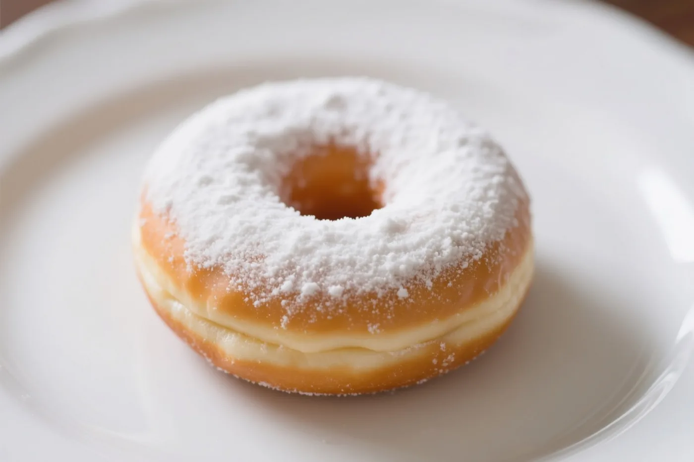 Een donut met confituurvulling en poedersuiker ligt midden op een wit bord in zacht licht met warme goudtinten.