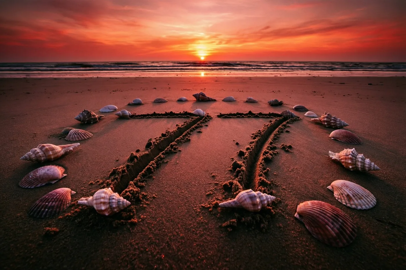 Het getal 77 staat in het strandzand tussen schelpen, in de oranje en rode tinten van de zonsondergang.