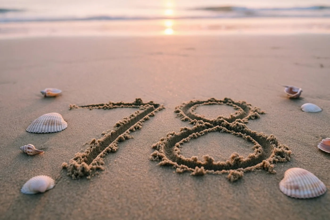 In strandzand is 78 getekend tussen verspreide schelpen, verlicht door gouden en oranje tinten van de ondergaande zon.