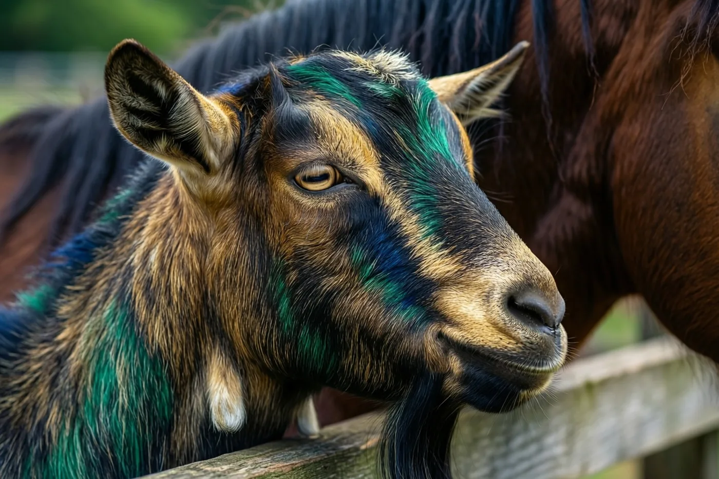 Een geit met groene en zwarte vlekken legt haar kop op een houten hek, met de hals van een bruin paard achter zich in natuurlijk daglicht.