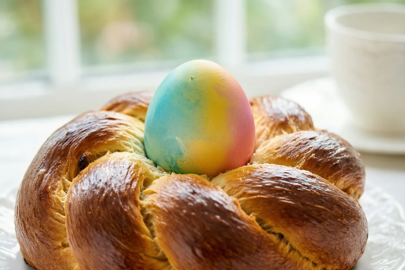 Een goudbruin gevlochten paasbrood met een gekleurd ei in het midden ligt op een wit bord bij een raam in zacht daglicht.