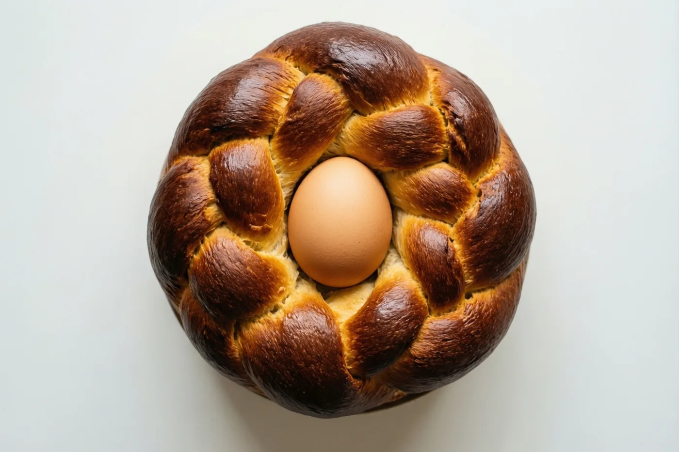 Een goudbruin gevlochten paasbrood met een bruin ei in het midden is van bovenaf gefotografeerd tegen een witte achtergrond.