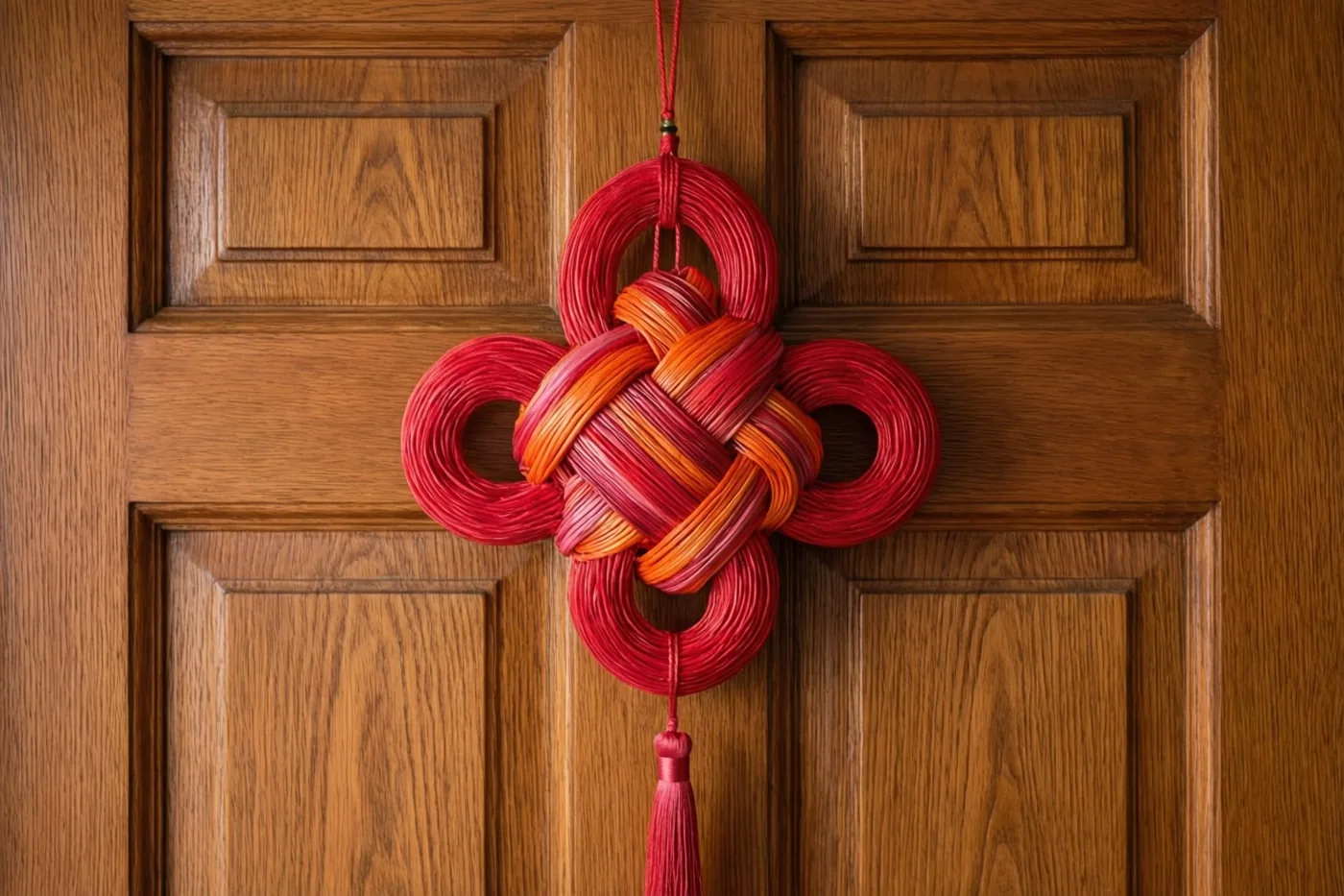 Een gevlochten sierknoop in rood en oranje hangt midden op een houten paneeldeur.