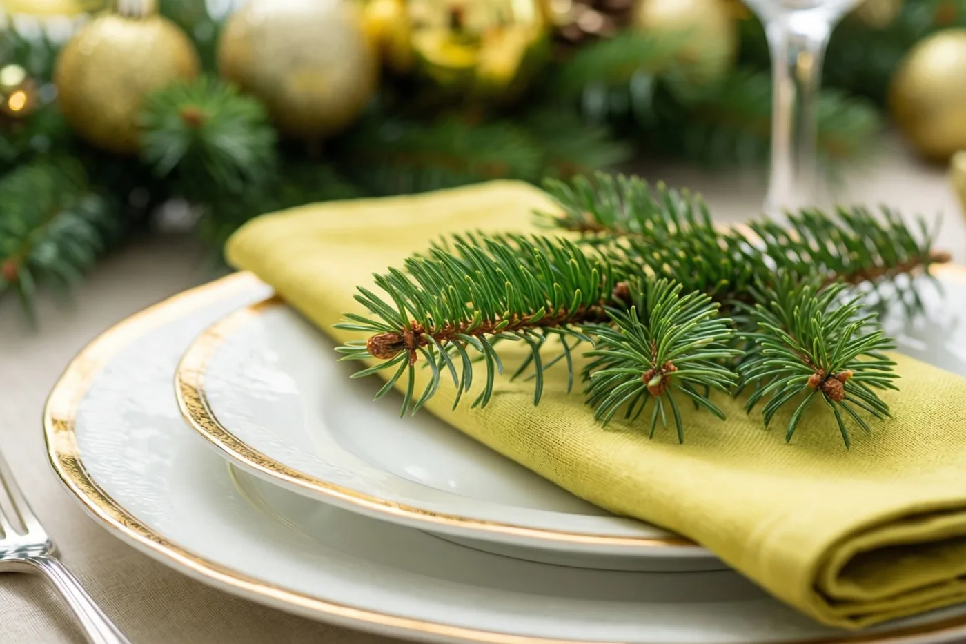 Een wit porseleinen bord met gouden rand ligt op een neutraal tafelkleed met een gevouwen servet met gouden boord en een vers groen dennentakje erop, tegen een wazige achtergrond met feestversiering.