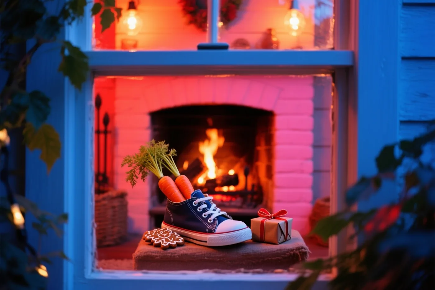 Een blauwe kindersportschoen met wortels, speculaas en een klein cadeau staat bij een brandende haard, met een blauw raamkozijn op de achtergrond.
