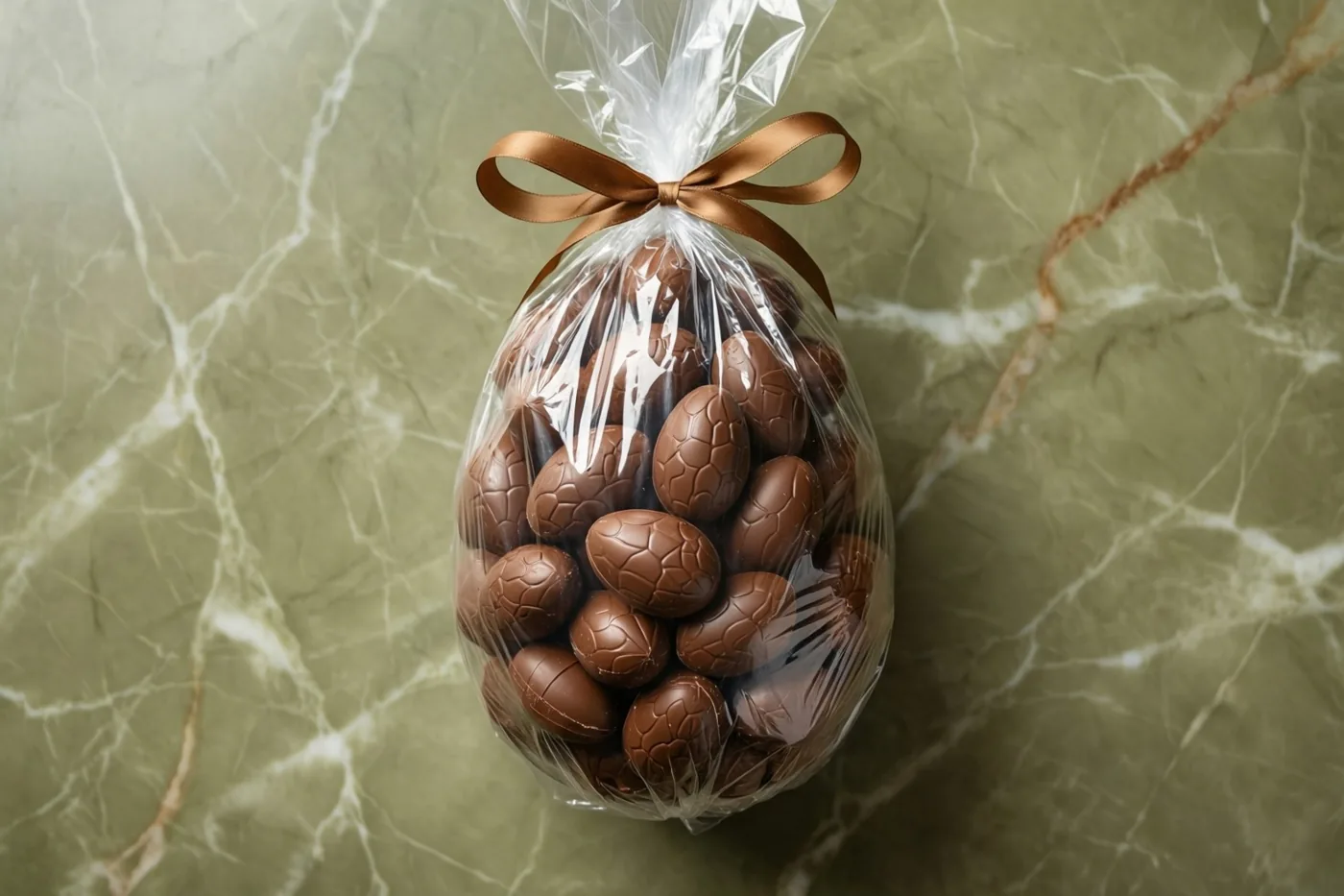 Een groot chocoladepaasei gevuld met kleinere chocolade-eitjes staat in doorzichtig cellofaan met een bruin lint op een groen marmeren werkblad.