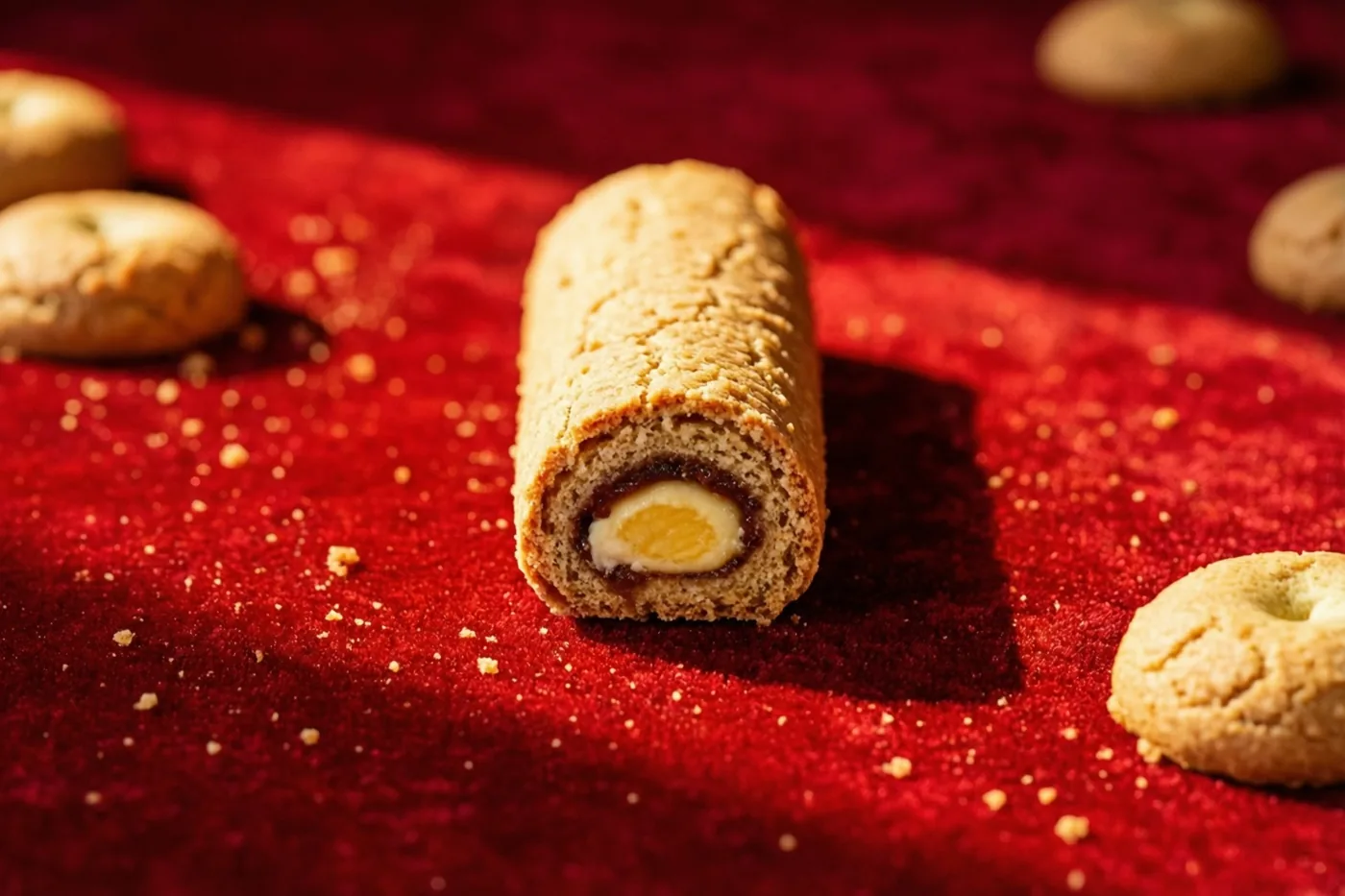 Een gevuld opgerold koekje staat rechtop op rood fluweel, tussen kruimels en andere koekjes in warm licht.