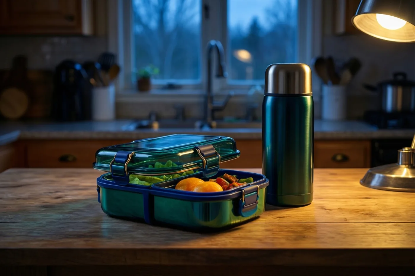 Een blauwe brooddoos met eten en een groene thermos staan op een houten keukenaanrecht onder een warme lamp, met koel ochtendlicht bij het raam.