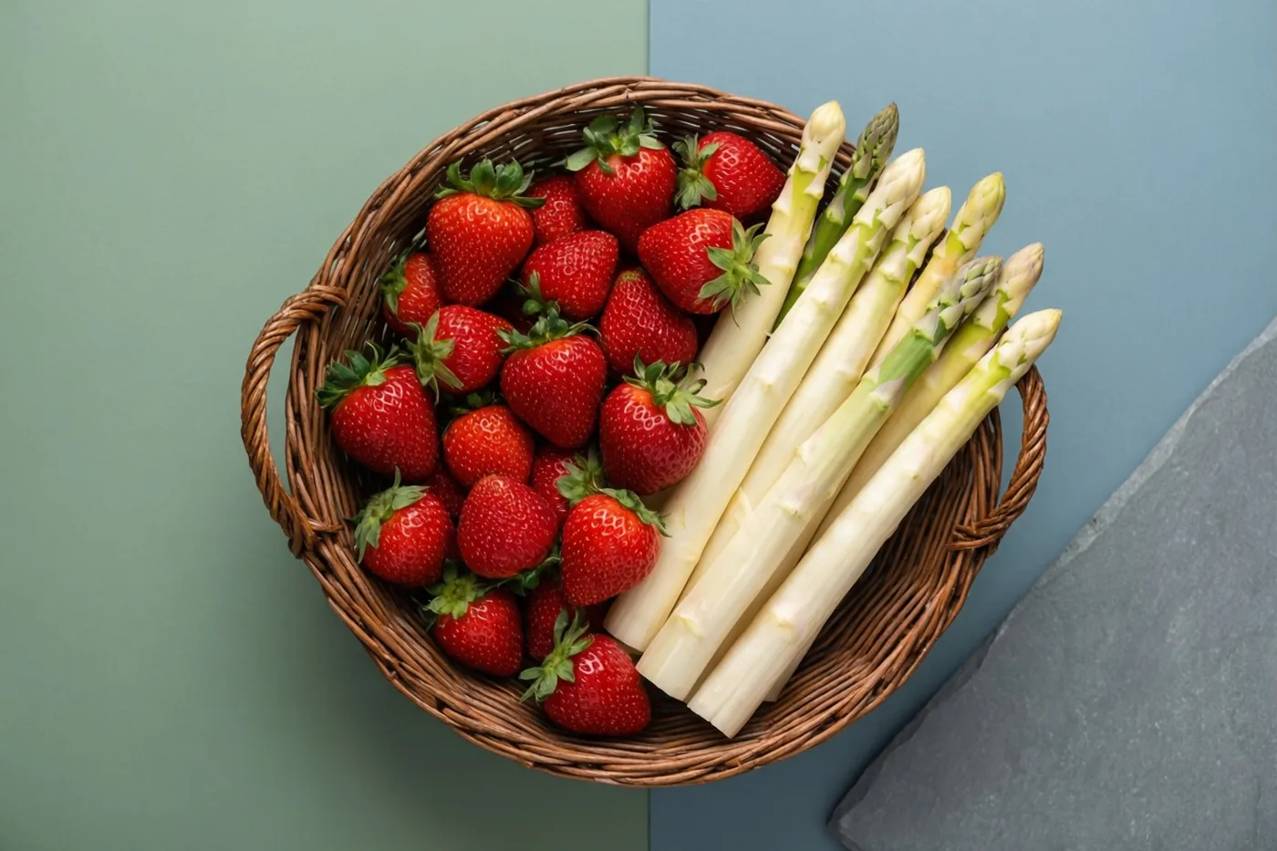 Een rieten mand met rode aardbeien en witte asperges staat op een groen-blauwe achtergrond naast een grijs leistenen oppervlak.