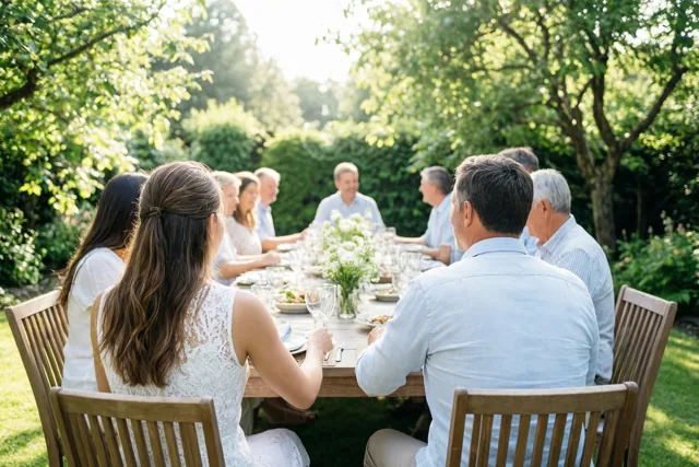 Een groep mensen zit met de rug naar de kijker rond een lange houten tafel in een zonnige tuin vol groen.